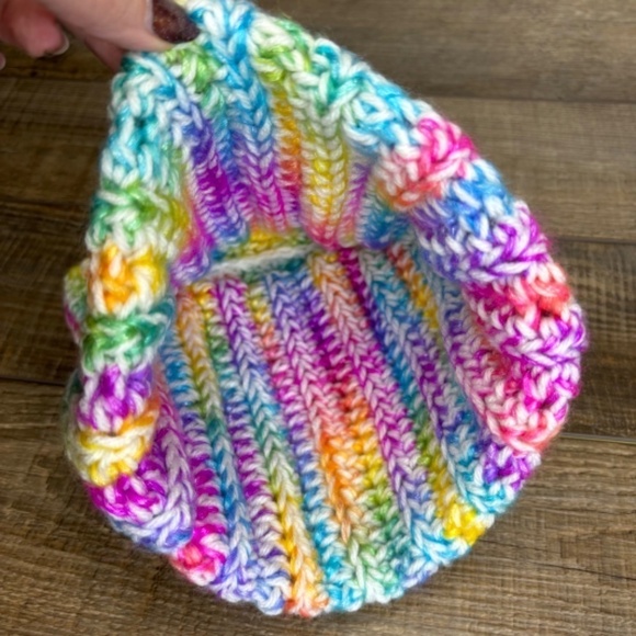 Handcrafted Crochet Winter Hat Rainbow Ice Yarn White Big Twist Cat Ear Ribbed - Picture 12 of 14